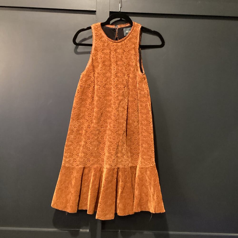 Maeve Amis Anthropologie Copper brown CottonVelvet eyelet Ruffle mini Dress 2 - Picture 2 of 9